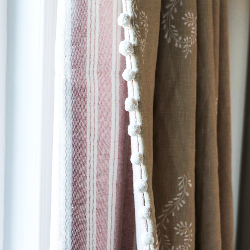 Double lined curtains, pink stripe curtain lining, pom pom fringe