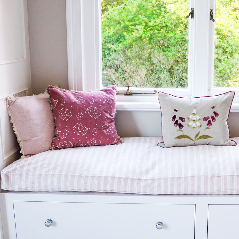 Master Bedroom pink, striped window seat cushion